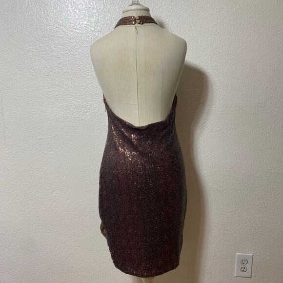 Morrisday The Label Brown Sequined Halter Mini Cocktail Dress Open Back Size L - Picture 3 of 5